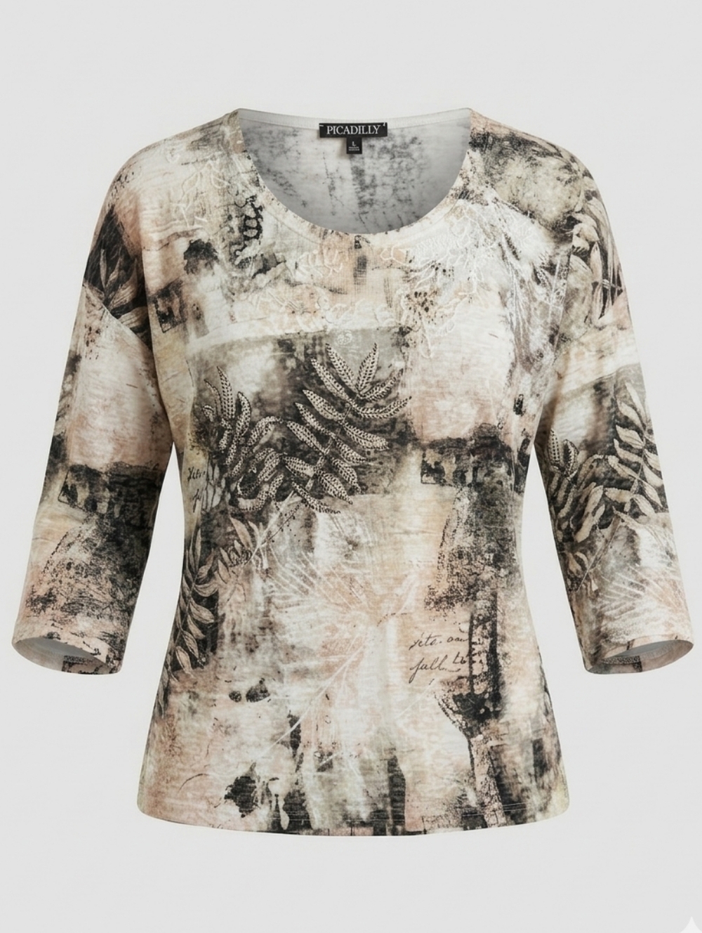 Picadilly Green And Cream Embellished Women's Abstract Print Scoop Neck Top Sz L